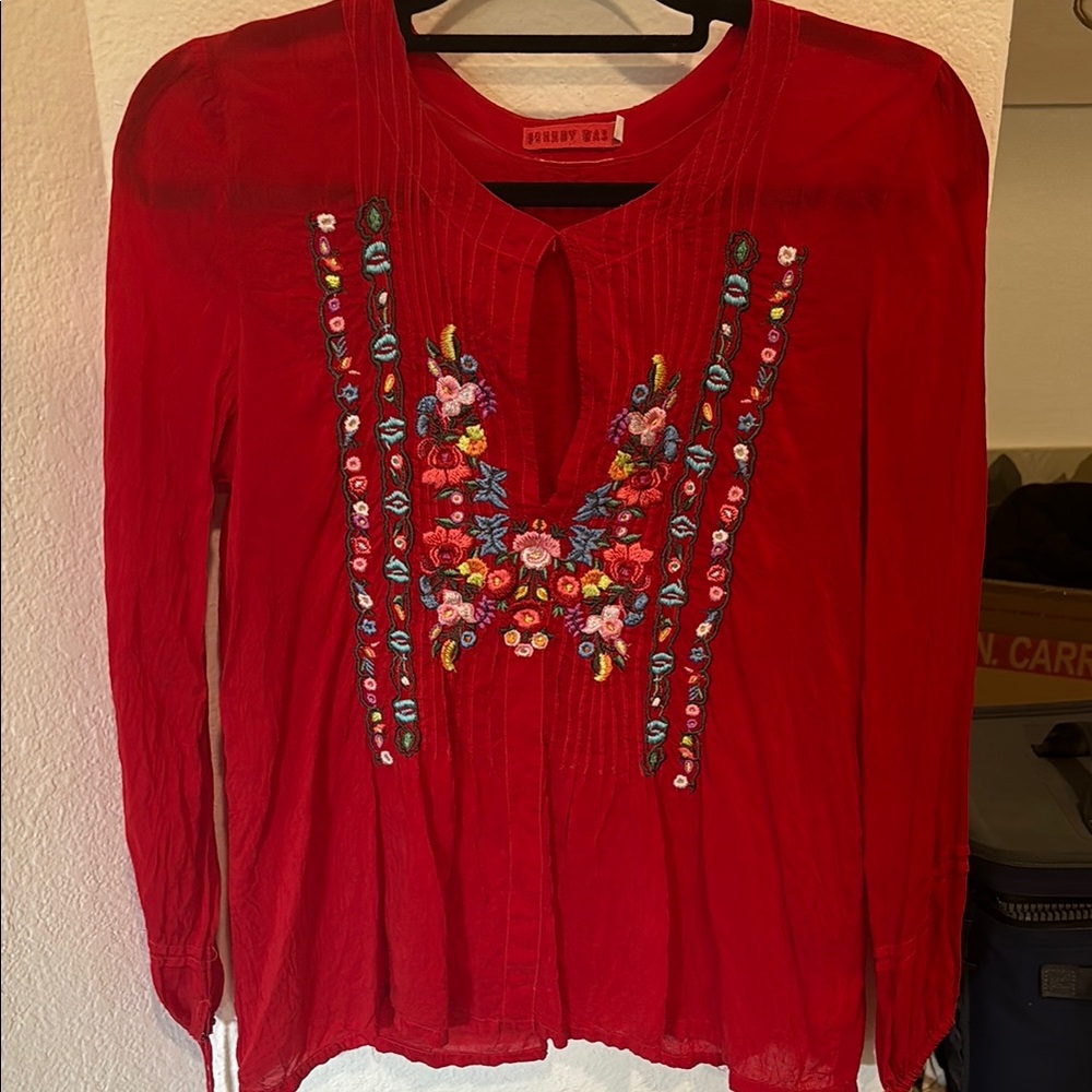 Johnny was red embroidered blouse